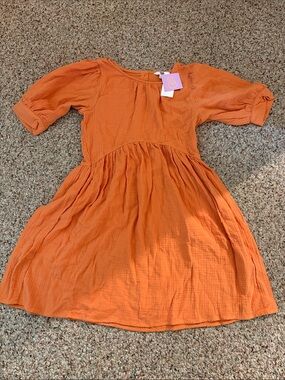 Ascot and Hart- Orange Puff-Sleeve Cotton Dress